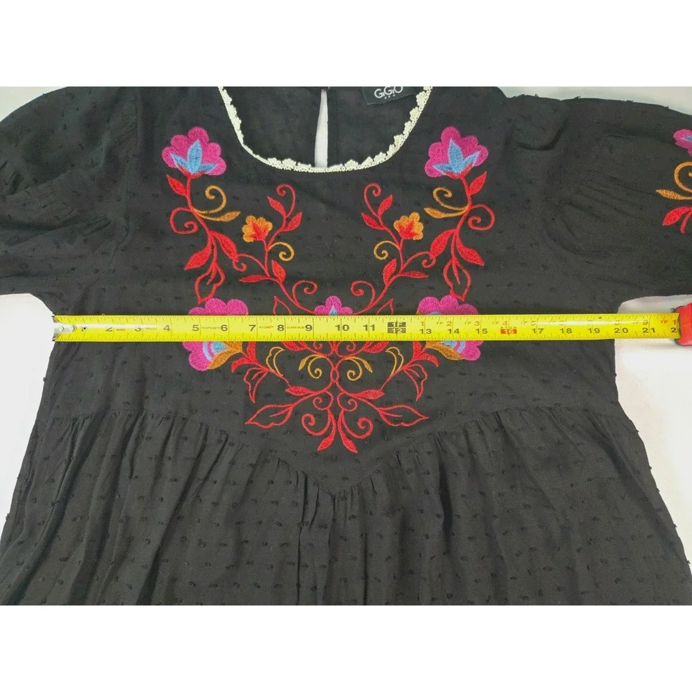 Black Floral Embroidered Babydoll Dress Bell Sz L Basque Waist Bell Sleeve Boho